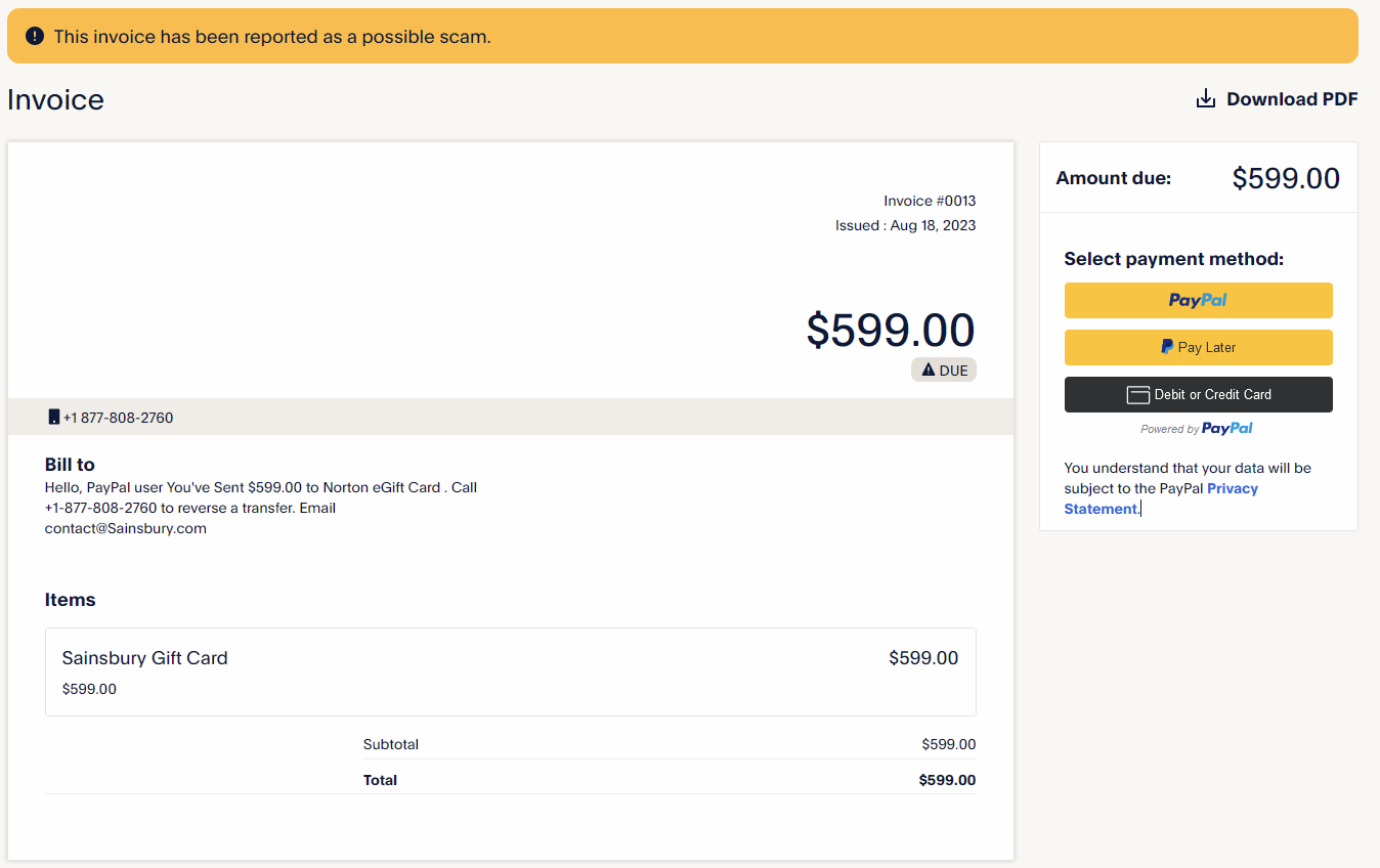 Actual PayPal Invoice for Norton $599 eGift Card | +1-877-808-2760 ...